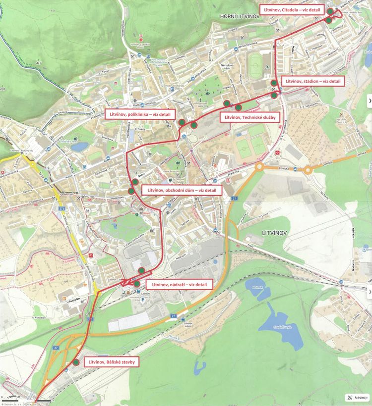 Trasa náhradní autobusové dopravy v Litvínově