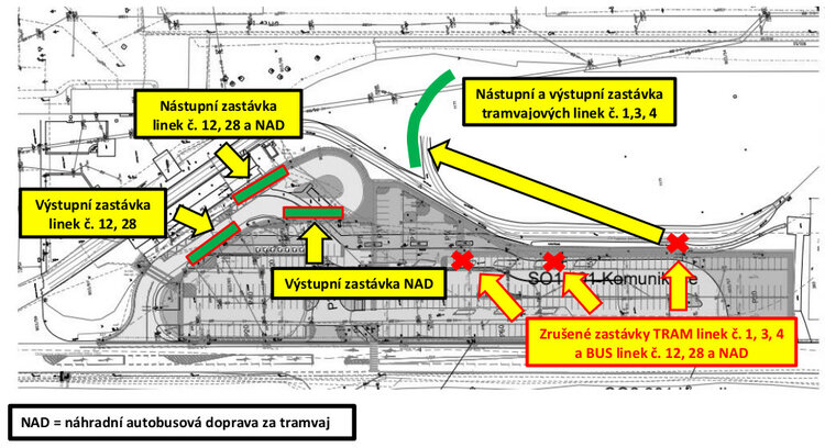 Situační plánek s novým umístěním autobusových a tramvajových zastávek